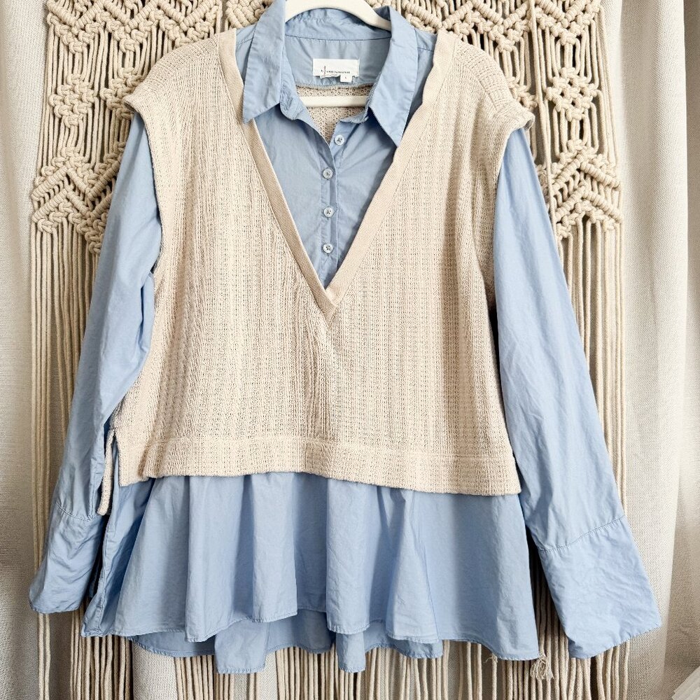 Light Blue Button-Front Shirt with Cream Knit Vest - Women